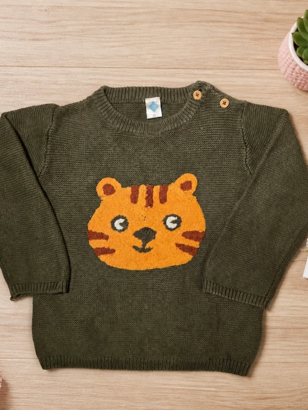 TEX Baby Toddler Olive Green Tiger Knit Sweater Pullover Size 4Y Boys Cozy Winte